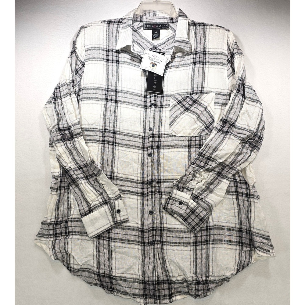 Polly‎ & Esther Womens 2X Black White Plaid Rayon Button Down Shirt NWT